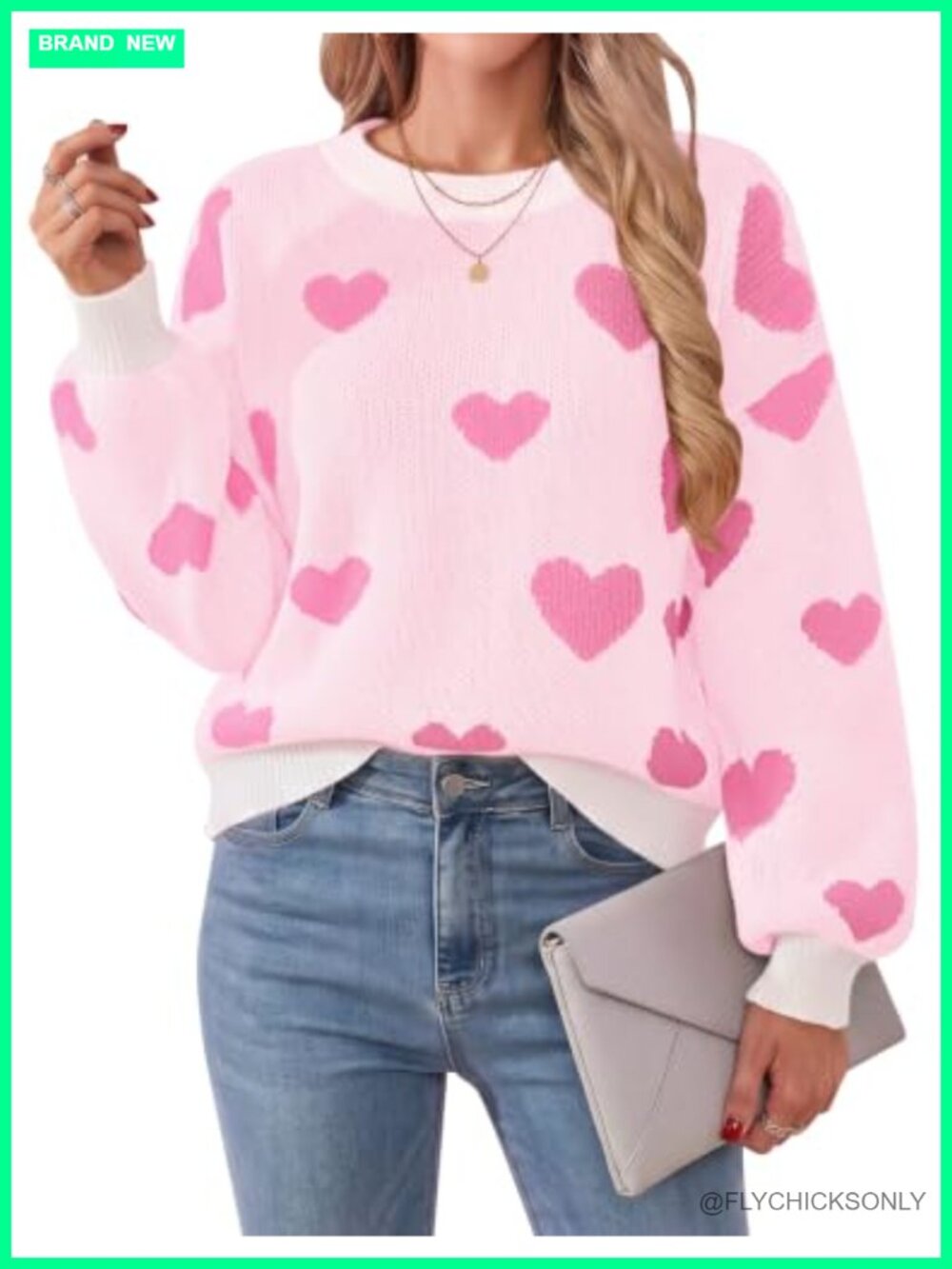 Oversized Heart Print Sweater Boat Neck Long Sleeve Pullover
